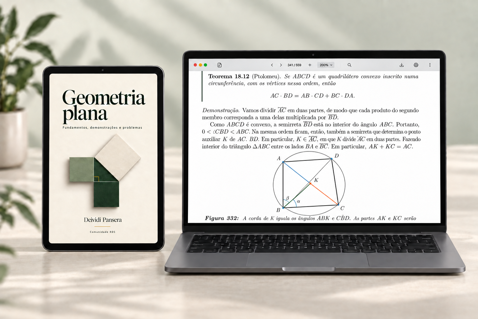 Livro digital Geometria plana: capa na tela de um tablet e demonstração geométrica aberta em um computador.