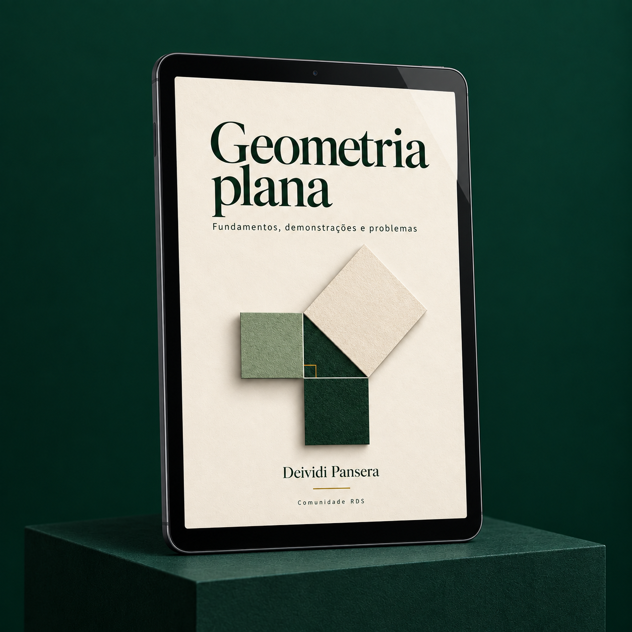 Tablet exibindo a capa do livro digital Geometria plana, de Deividi Pansera. Edição em PDF.